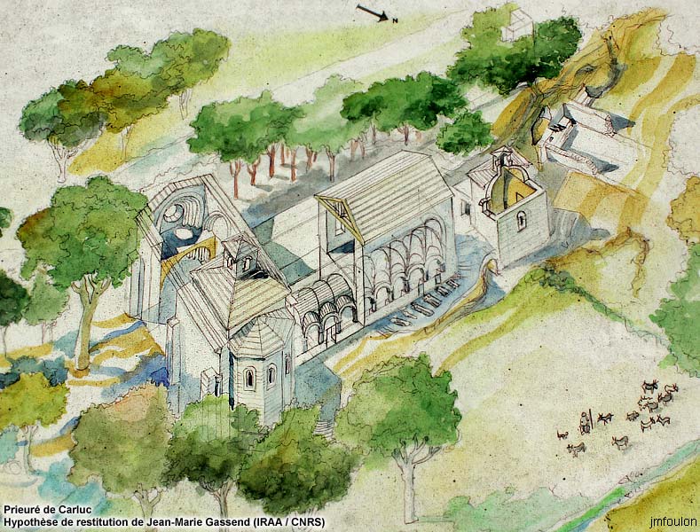 carluc-01-1.jpg - Hypothèse de restitiution du Prieuré de Carluc par Jean Marie Gassend (IRAA / CNRS)