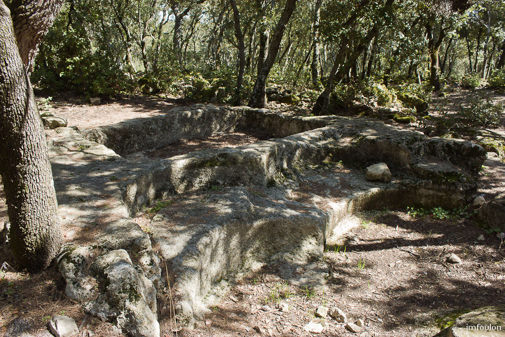 ganagobie-014-2.jpg - Carrière de meule - Emplacement de meules extraites du sol. Au dessus, le bassin ou l'on mettait l'eau qui sécoulait ensuite autour des meules. On ajoutait des coins de bois dans des rainures faites au pourtour de la meule, qui une fois imbibés d'eau, dilataient la pierre et permetaient ainsi la dégager et de terminer la taille