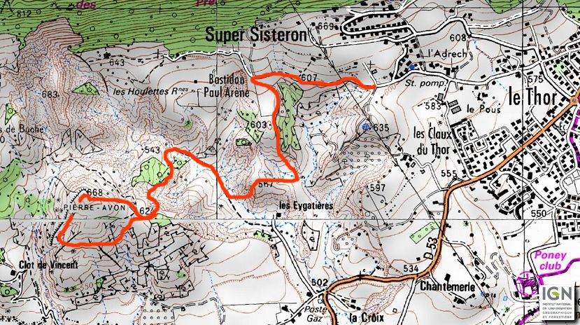a-topo-ign.jpg - Sisteron - Castel Bevons. Entre les Houlettes et Pierre Avon- Boucle de 5 km en partie hors sentier - Dénivellée 70 m